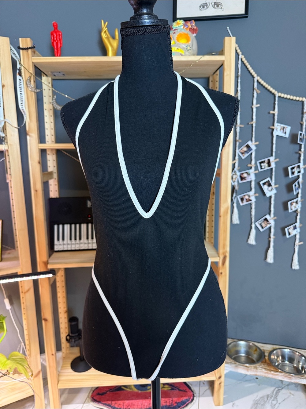 Women’s Black Halter Bodysuit with White Trim